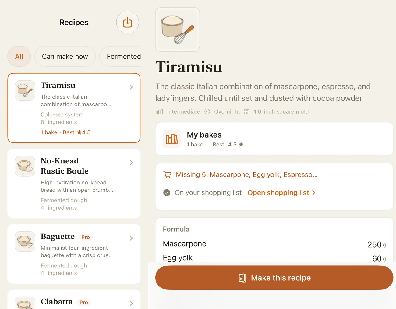 Unfolded iPhone Duo: recipe list on the left, Tiramisu on the right