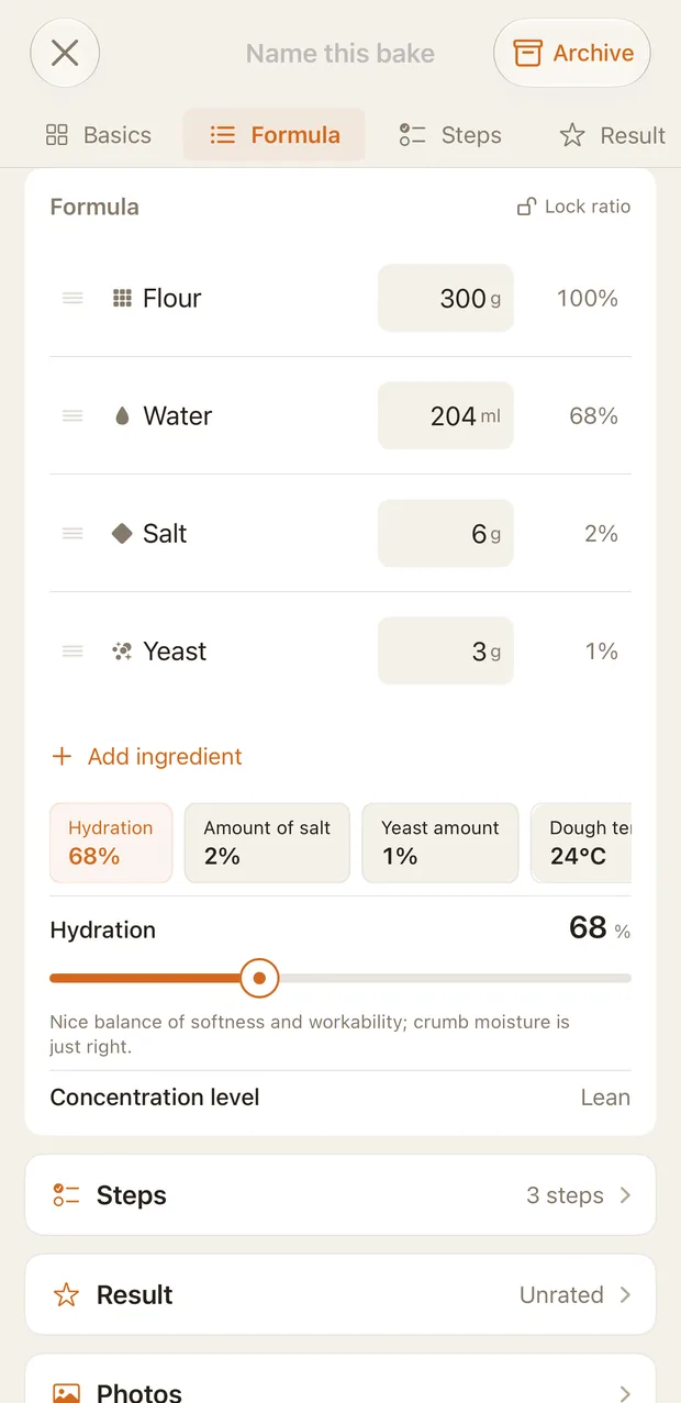 Formula: flour, water, salt and yeast with live hydration