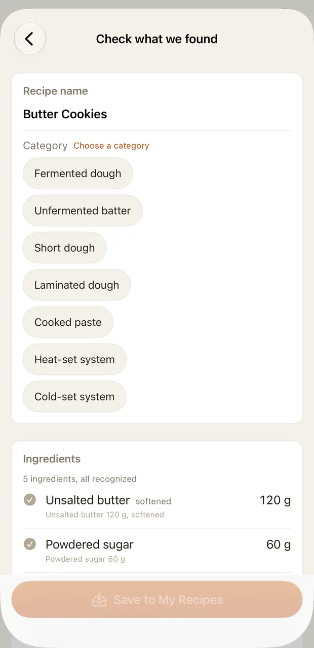 Import review with recognised ingredients and grams