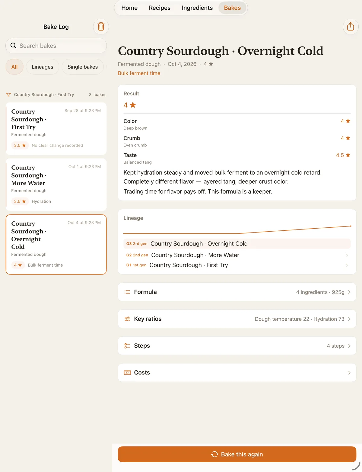 Bake Log on iPad: lineage on the left, the bake’s review on the right