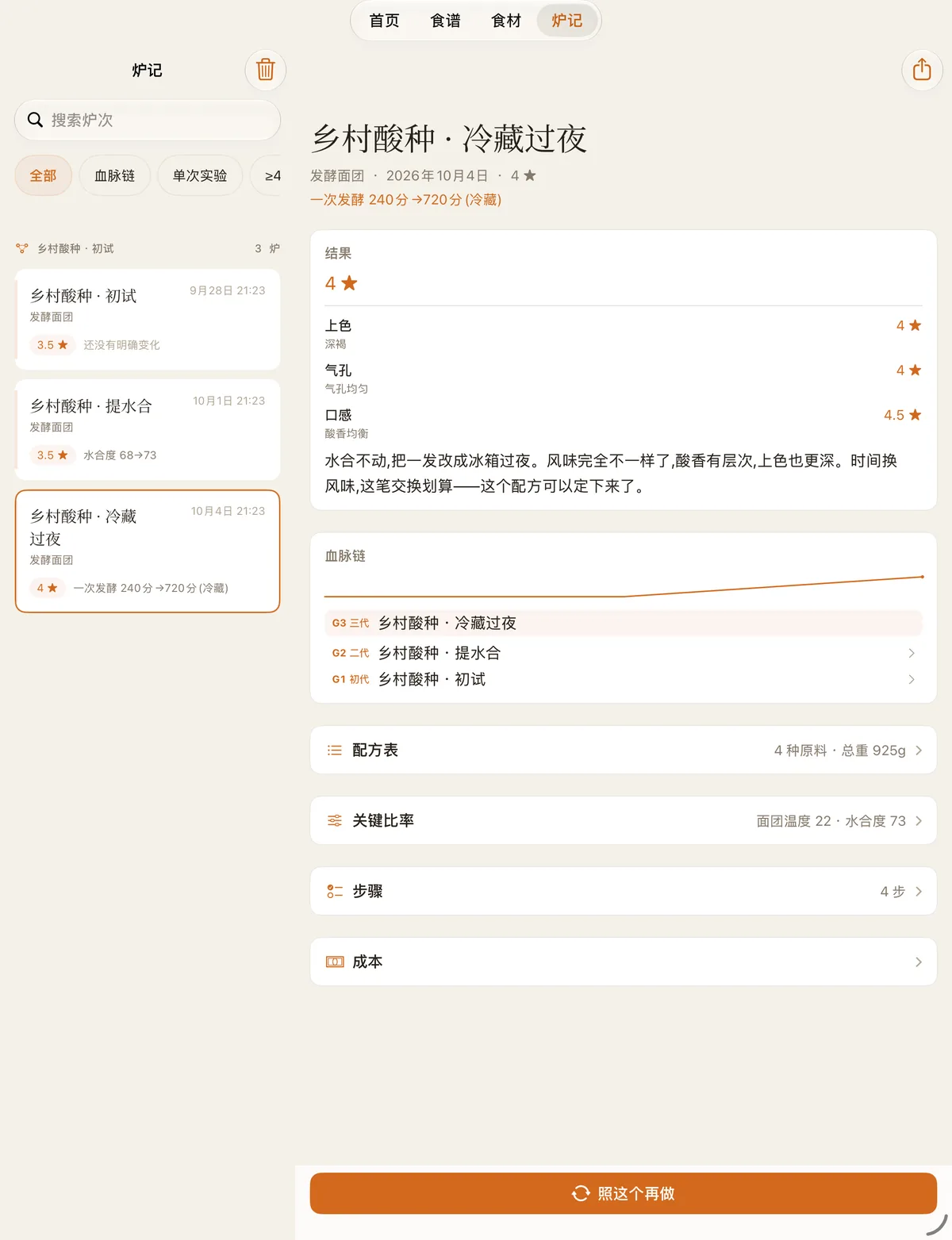 iPad 上的炉记：左侧血脉链，右侧这一炉的复盘